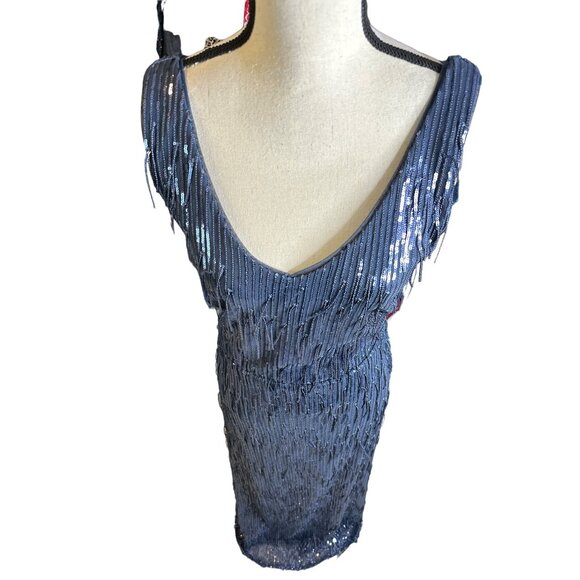 R&M Richards Blue Sequin Maxi Dress NEW V Neck Fringe Open Back Stretchy Size 14 - Picture 3 of 9